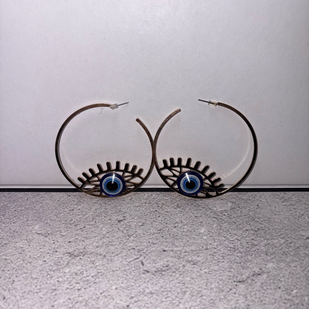 Gold Evil Eye Hoop Earrings - Picture 4 of 8